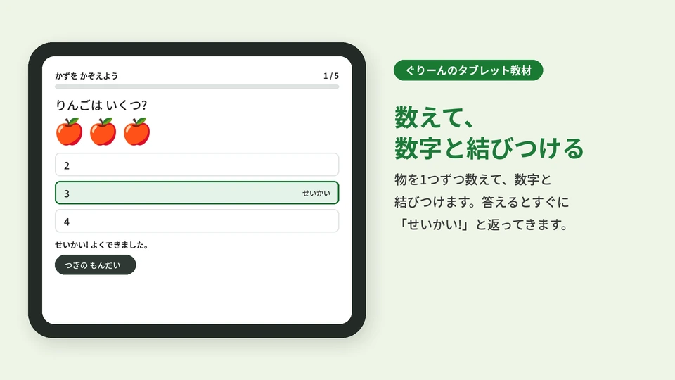 タブレット教材「かずを かぞえよう」の画面。りんごの数を数えて、数字を選ぶ